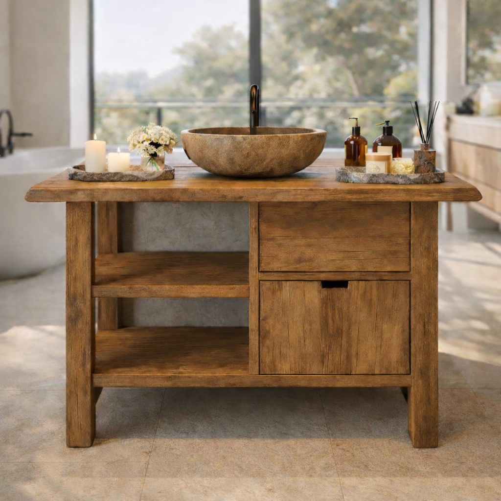 Modern Solid Wood Vanity Cabinet with Drawer and Open Storage for Minimalist Bathrooms