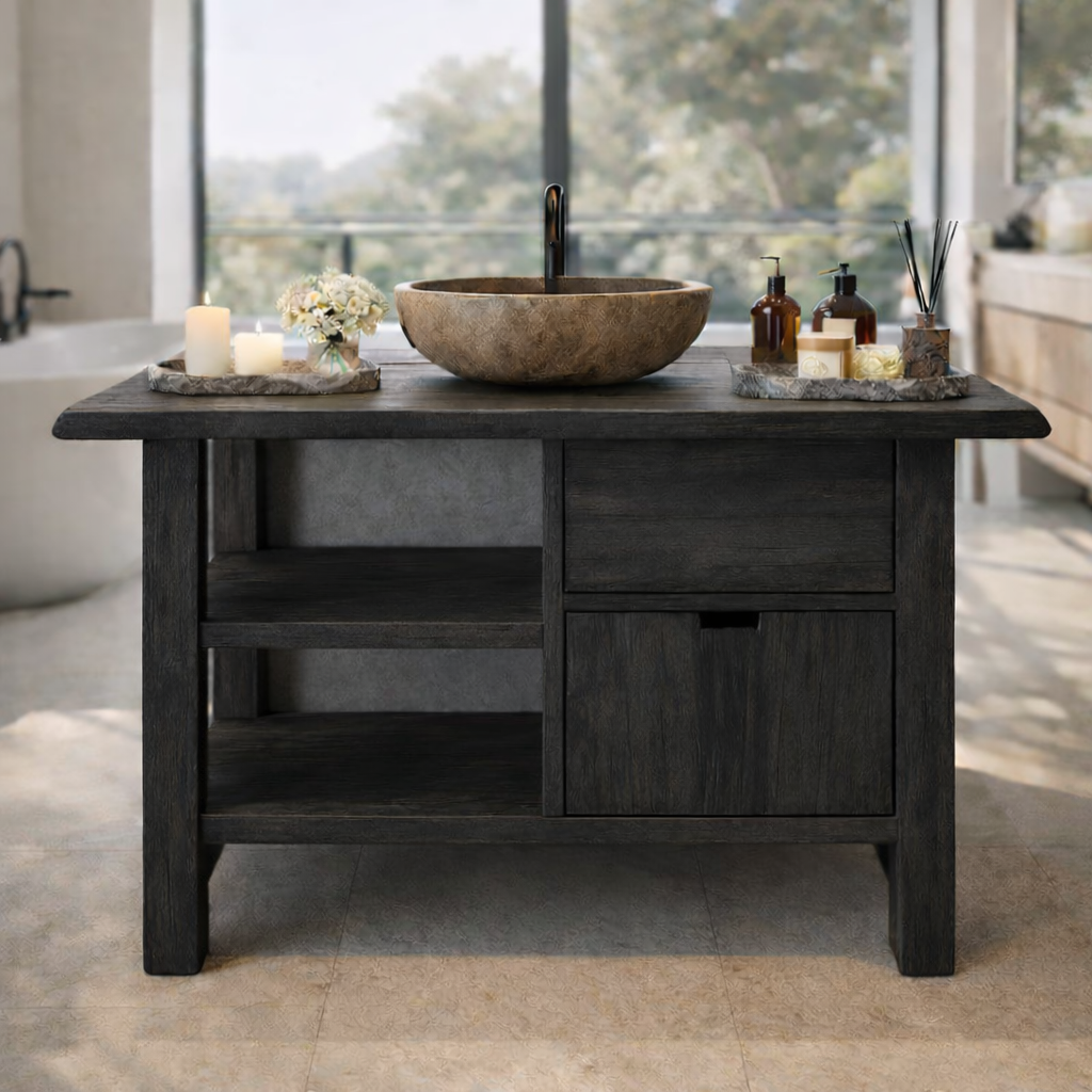 Modern Solid Wood Vanity Cabinet with Drawer and Open Storage for Minimalist Bathrooms