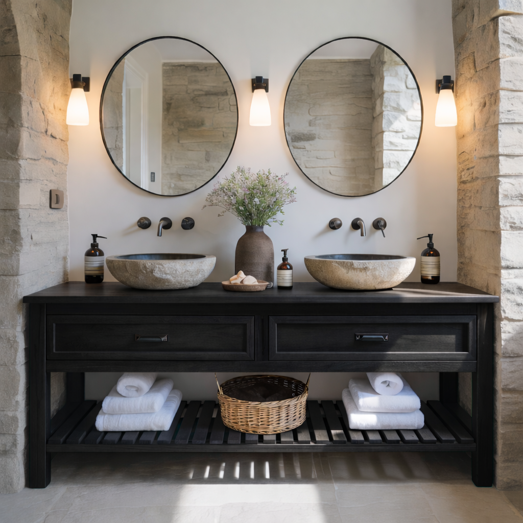 Rustic Solid Wood Double Bathroom Vanity with Open Slatted Shelf
