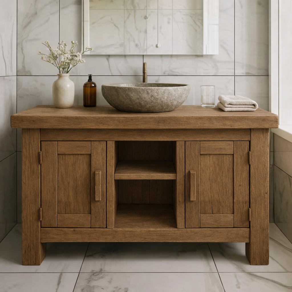 Farmhouse Solid Wood Bathroom Vanity Cabinet with Double Door Storage and Open Shelf