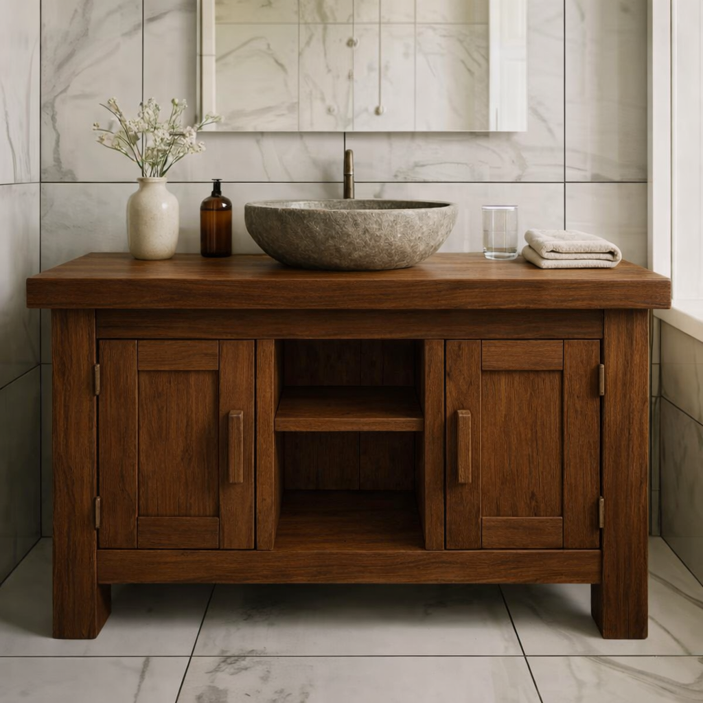 Farmhouse Solid Wood Bathroom Vanity Cabinet with Double Door Storage and Open Shelf