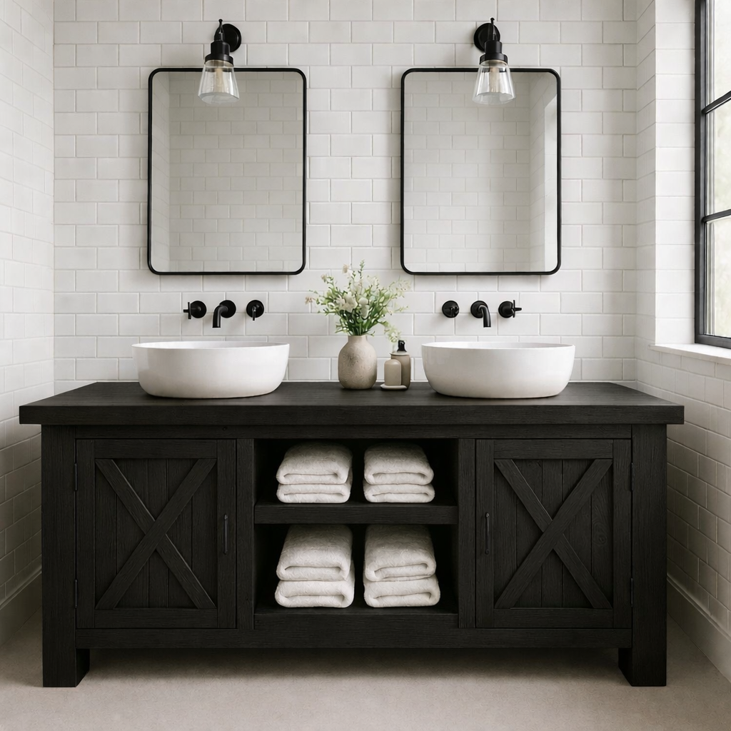 Solid Wood Double Bathroom Vanity Cabinet with Sliding Barn-Style Doors and Open Center Shelving