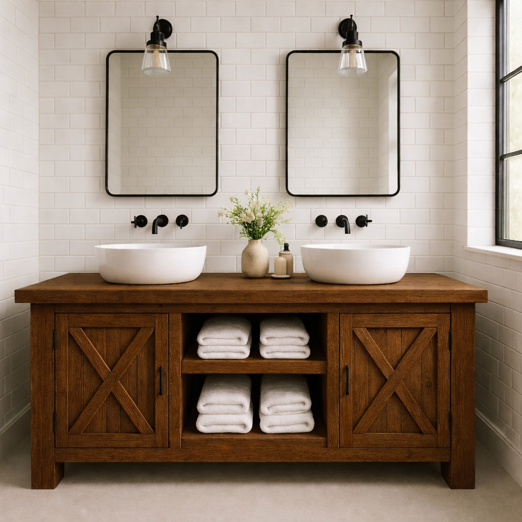 Solid Wood Double Bathroom Vanity Cabinet with Sliding Barn-Style Doors and Open Center Shelving