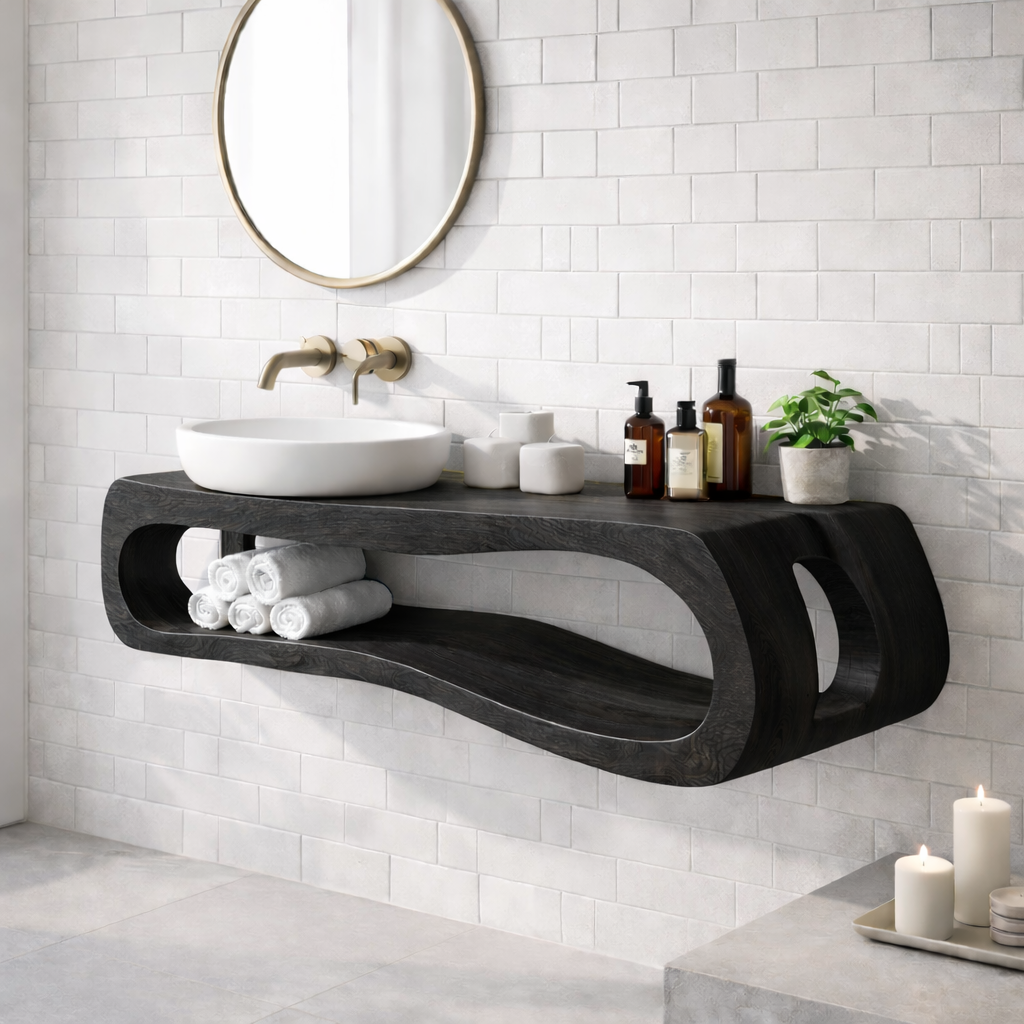 Solid Wood Floating Bathroom Vanity with Open Shelf – Modern Curved Wall Mounted Cabinet