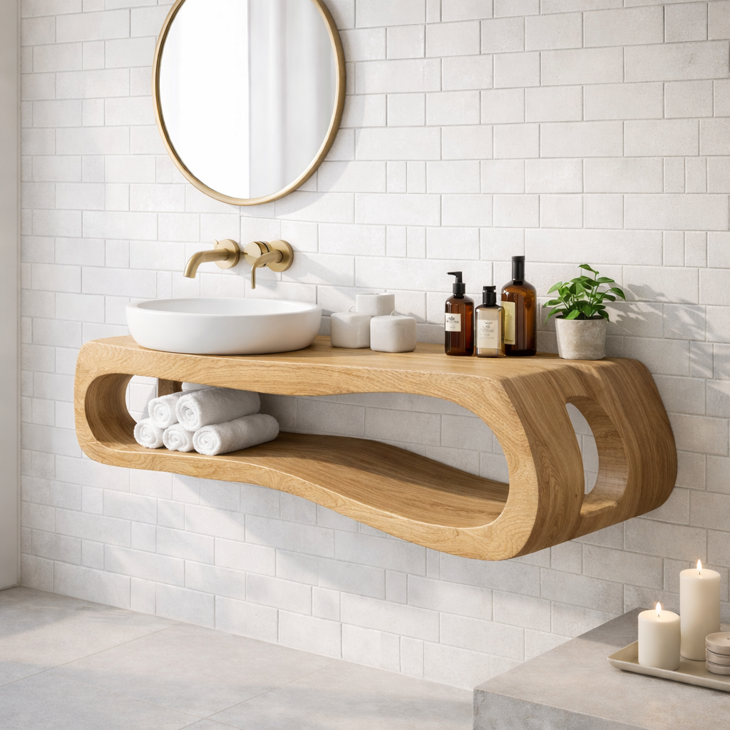 Solid Wood Floating Bathroom Vanity with Open Shelf – Modern Curved Wall Mounted Cabinet