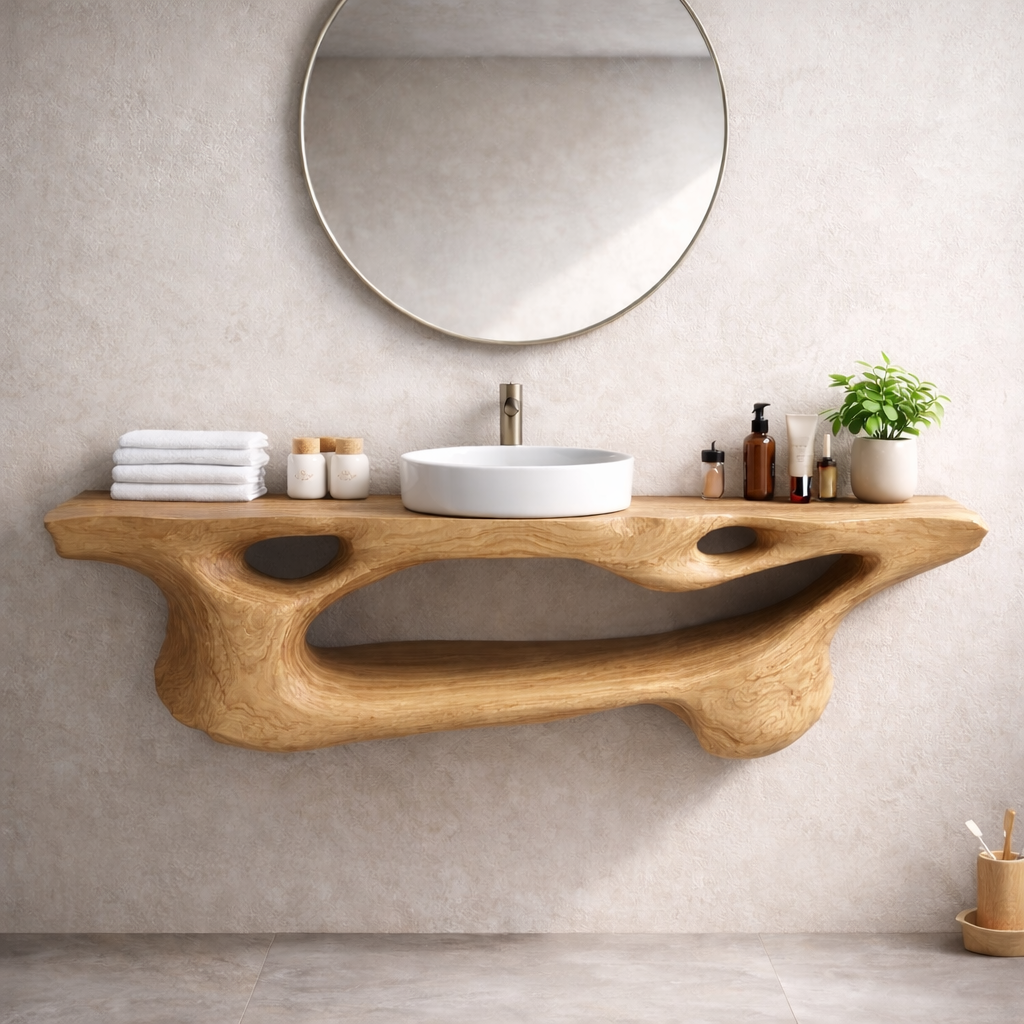 Solid Wood Floating Bathroom Vanity with Sculptural Live Edge – Modern Organic Wall Mounted Cabinet