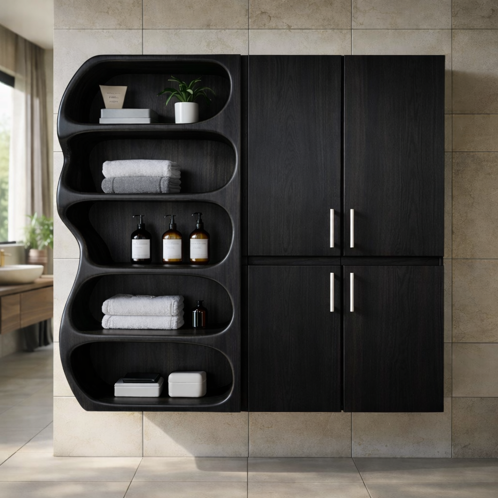 Solid Wood Bathroom Storage Cabinet with Open Shelf – Modern Wall Mounted Organizer