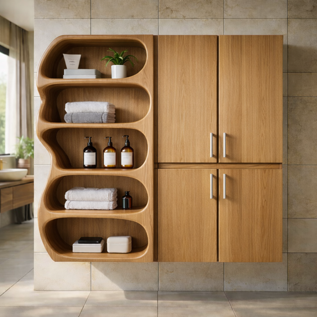 Solid Wood Bathroom Storage Cabinet with Open Shelf – Modern Wall Mounted Organizer