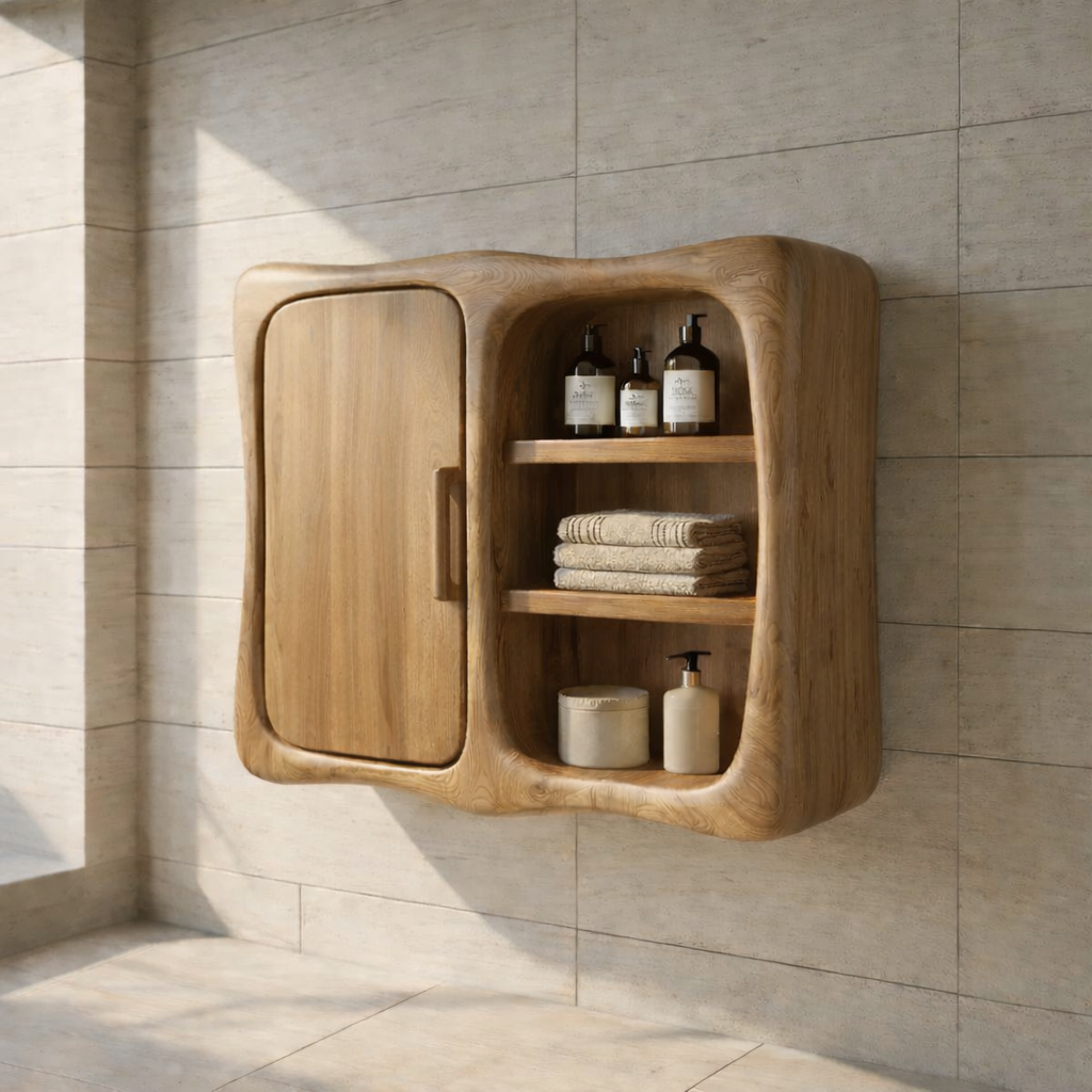 Solid Wood Wall Mounted Bathroom Cabinet – Curved Storage Cabinet with Open Shelf