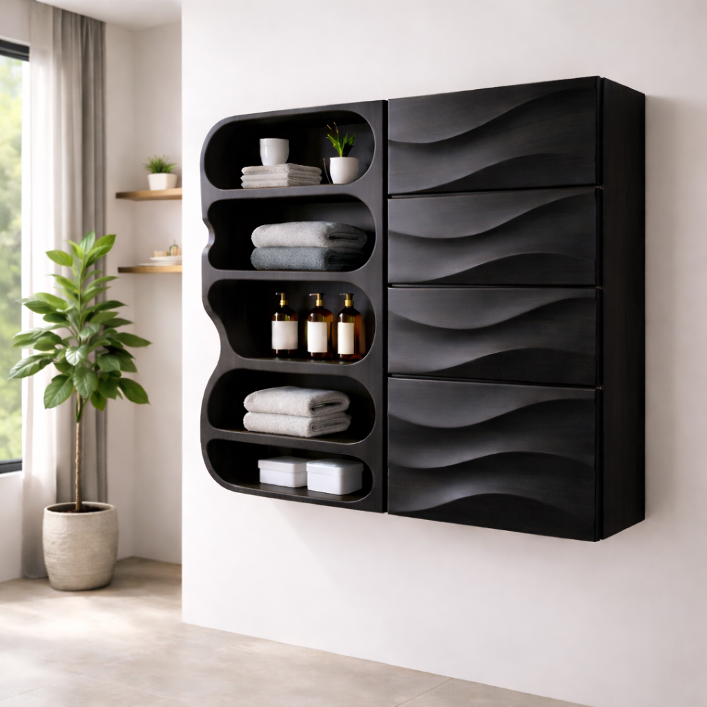 Solid Wood Floating Bathroom Cabinet with Wave Drawers & Open Shelves