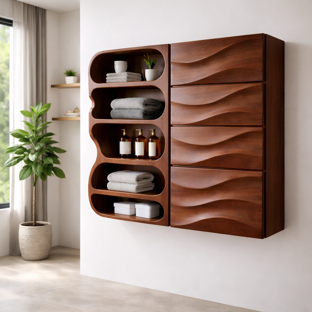 Solid Wood Floating Bathroom Cabinet with Wave Drawers & Open Shelves