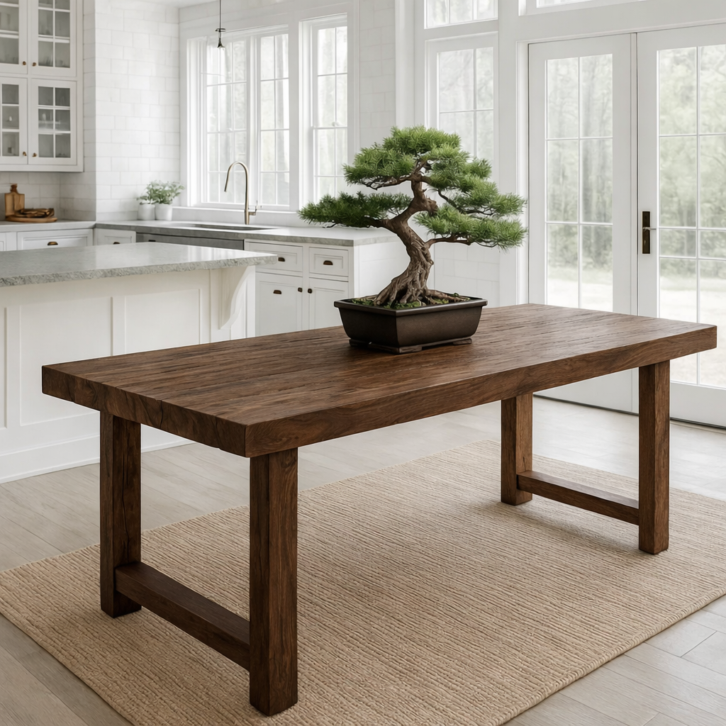 Rustic Solid Wood Dining Table with Classic Trestle Base