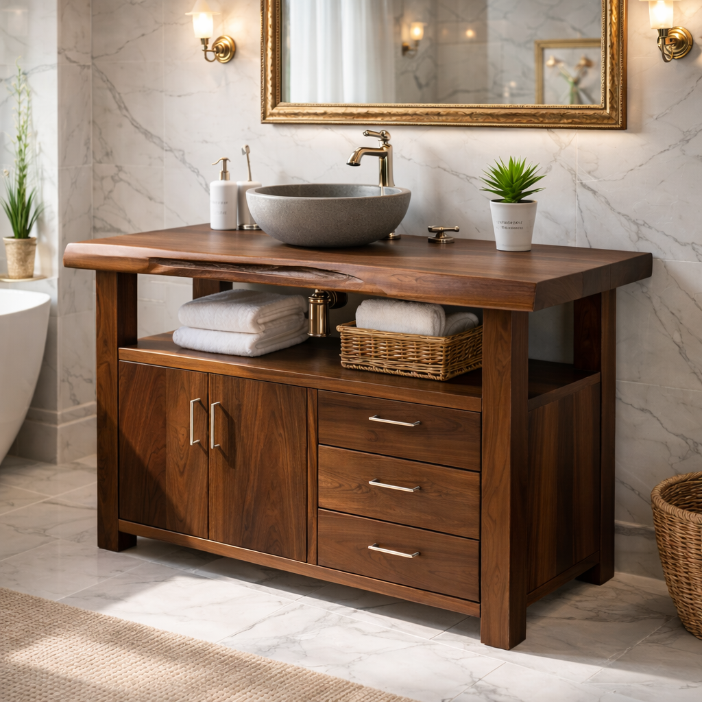 Live Edge Solid Wood Bathroom Vanity with Double Cabinet Doors, Three Drawers and Open Shelf