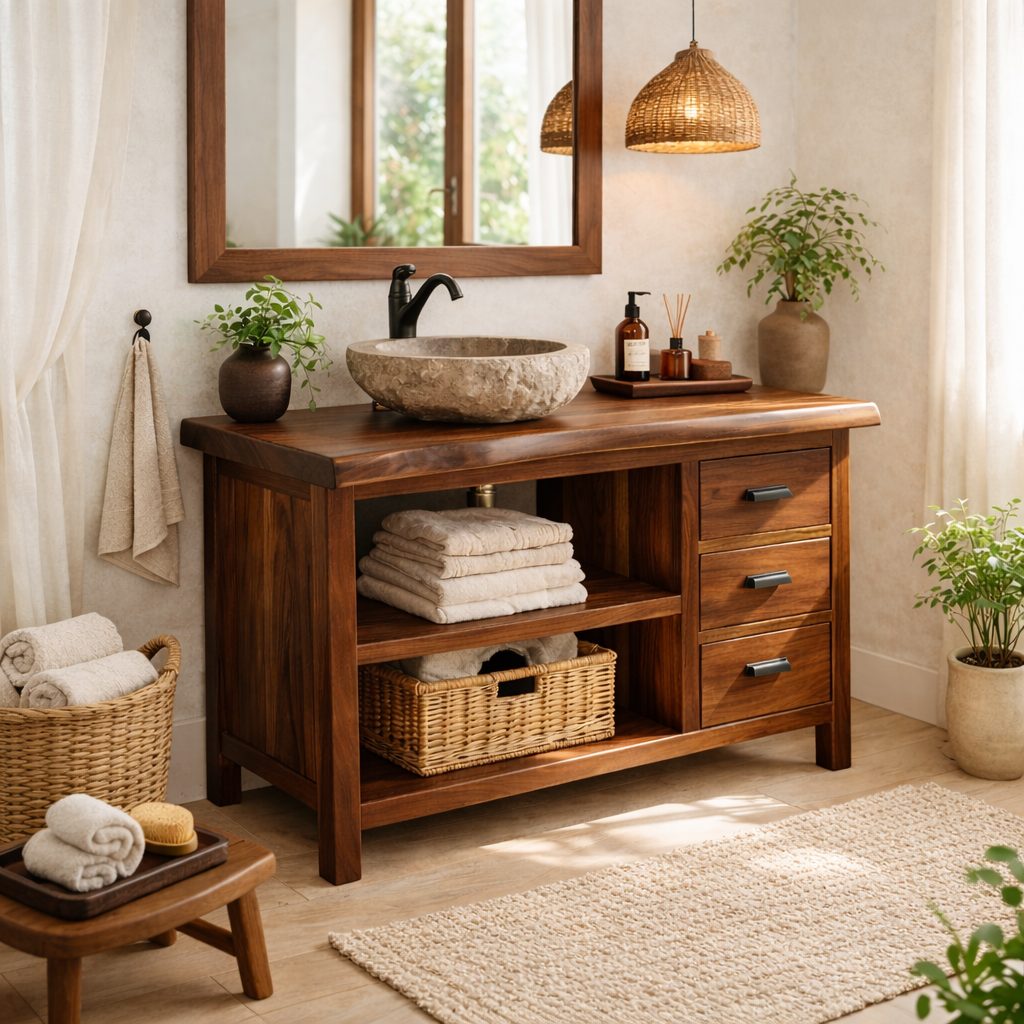 Solid Wood Bathroom Vanity with Three Drawers and Double Open Shelves for Modern Rustic Bathrooms