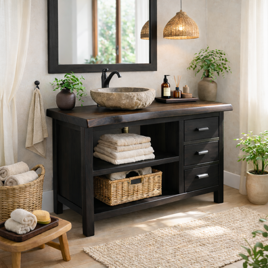 Solid Wood Bathroom Vanity with Three Drawers and Double Open Shelves for Modern Rustic Bathrooms