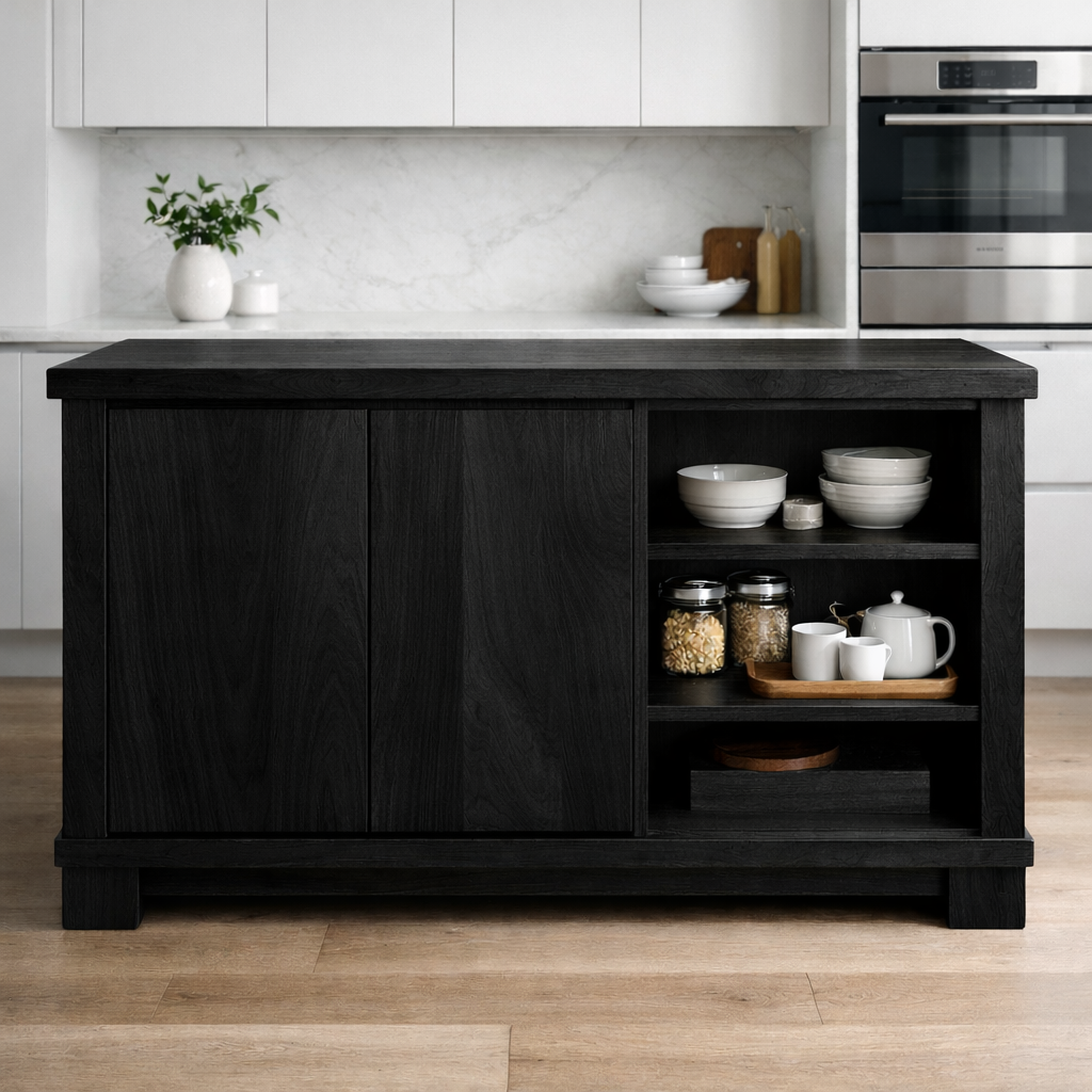 Solid Wood Kitchen Island with Doors & Open Shelf Storage