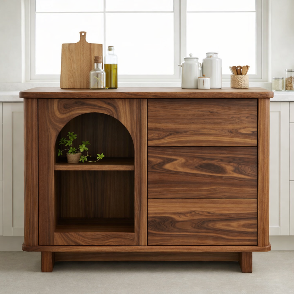 Solid Walnut Kitchen Island with Arched Open Shelf & Drawer Storage