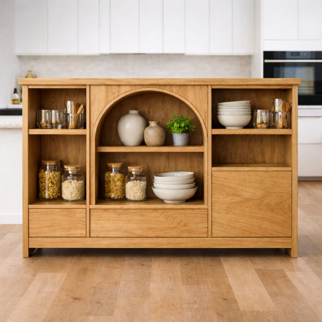 Solid Walnut Kitchen Island with Arched Center Shelf & Open Storage