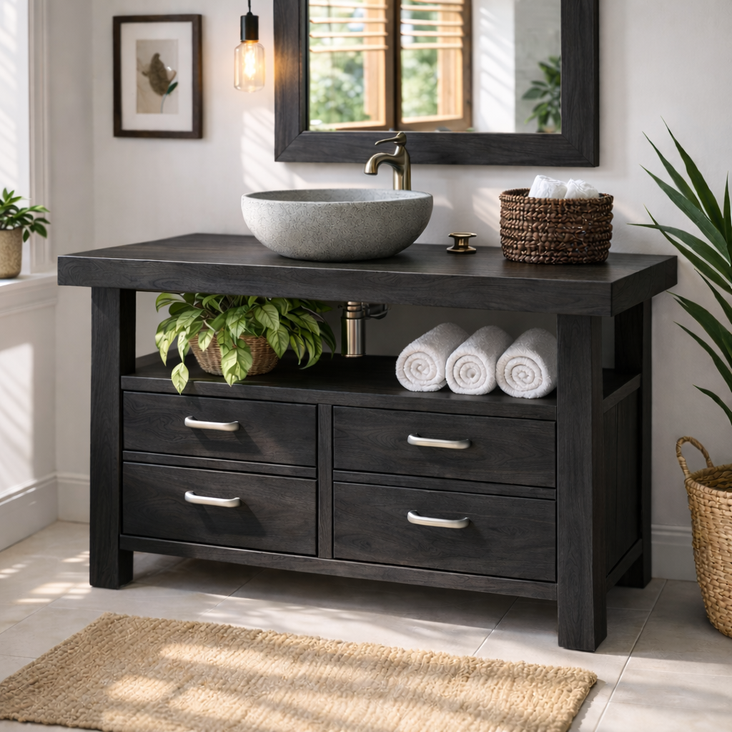 Solid Wood Bathroom Vanity with Four Drawers and Open Shelf for Transitional and Modern Bathrooms