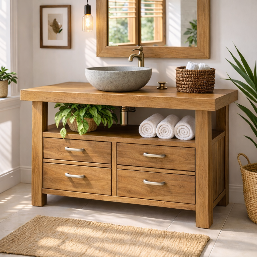 Solid Wood Bathroom Vanity with Four Drawers and Open Shelf for Transitional and Modern Bathrooms