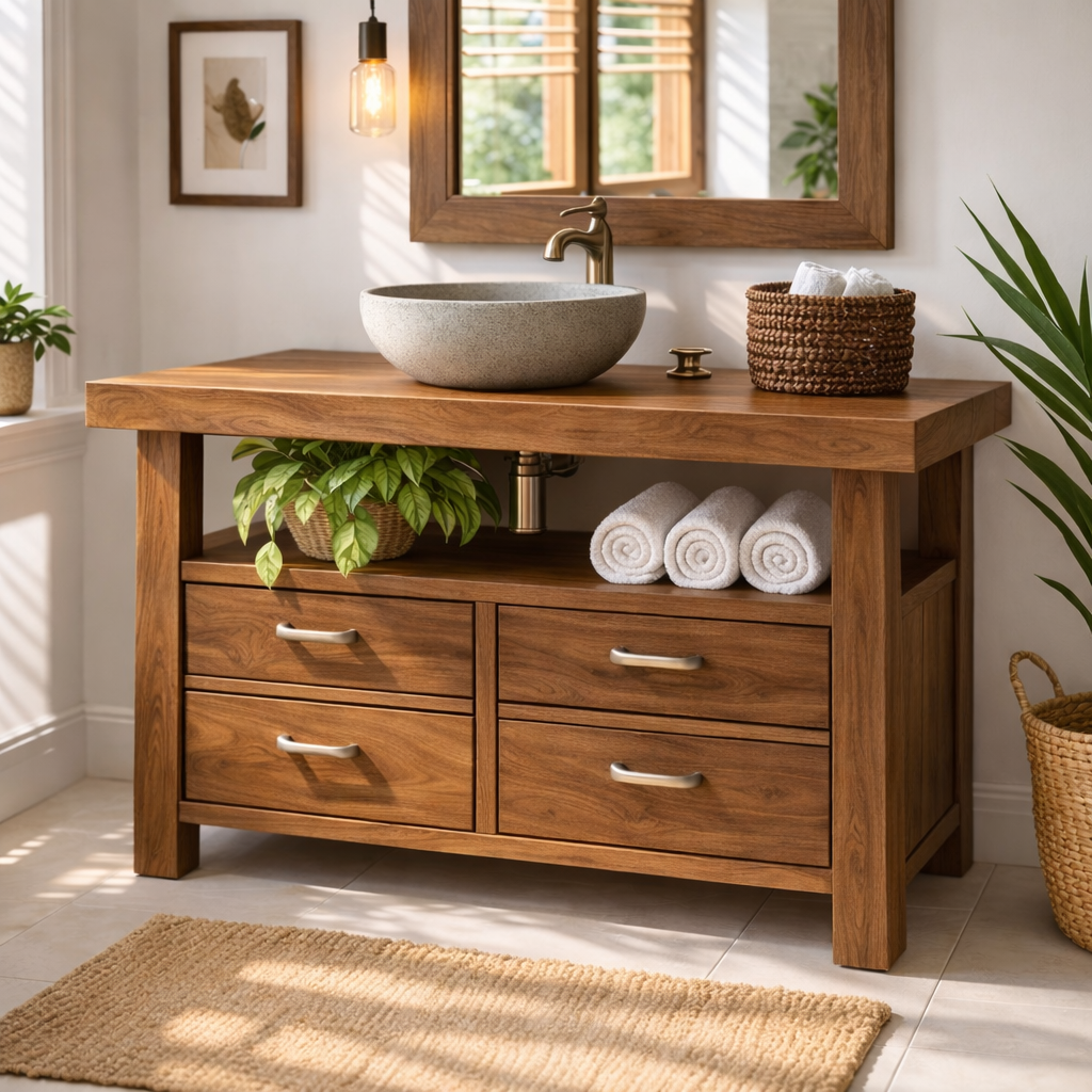 Solid Wood Bathroom Vanity with Four Drawers and Open Shelf for Transitional and Modern Bathrooms