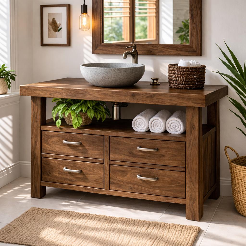 Solid Wood Bathroom Vanity with Four Drawers and Open Shelf for Transitional and Modern Bathrooms