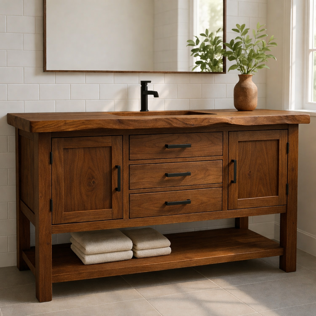 Solid Wood Bathroom Vanity with 3 Drawers, Double Door Cabinet, and Open Bottom Shelf