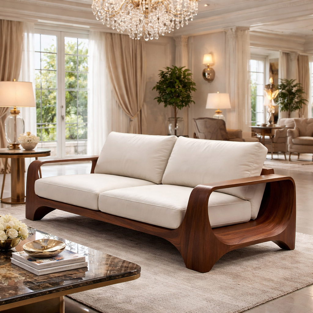 Modern Curved Solid Wood Frame Sofa