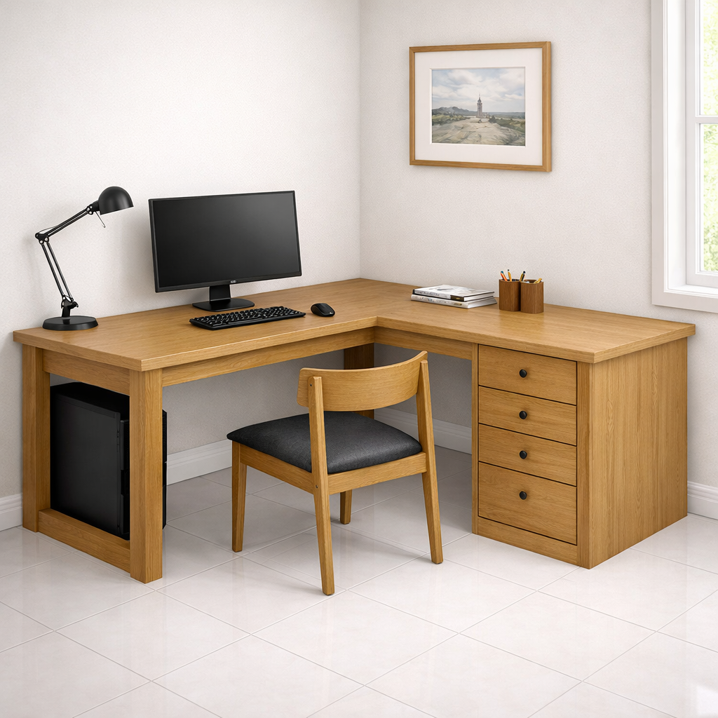 L-Shaped Solid Wood Executive Corner Desk with Storage Drawers