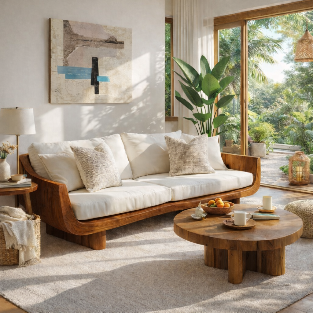 Solid Wood Curved Arm Sofa Organic Modern Style