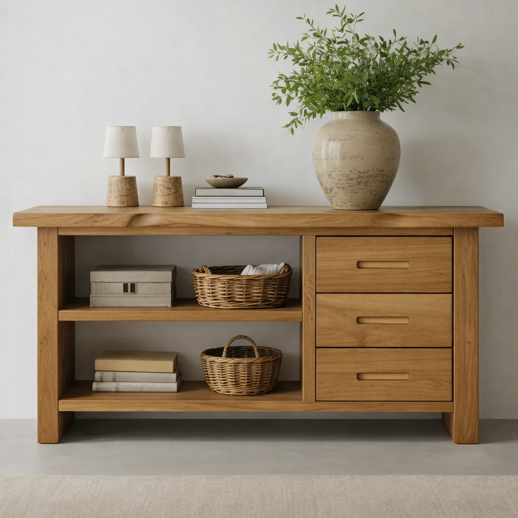 Solid Wood Console Table for Living Room with Open Shelves and Drawers