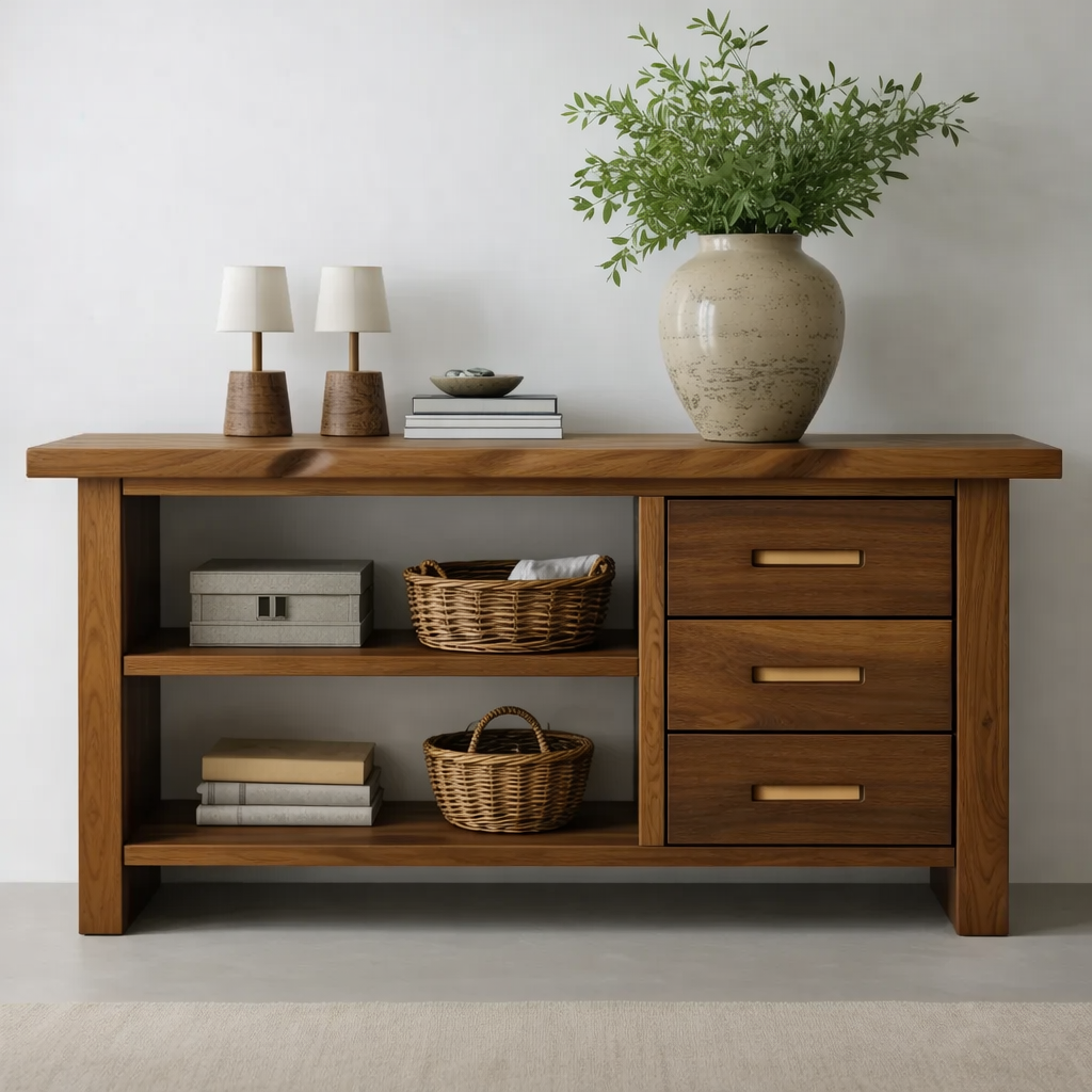 Solid Wood Console Table for Living Room with Open Shelves and Drawers