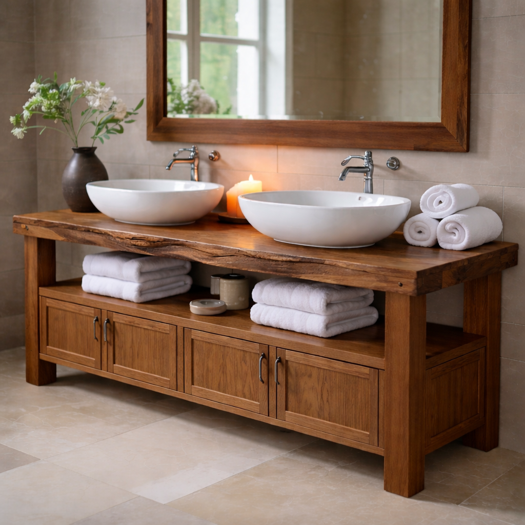 Solid Wood Bathroom Vanity with Storage Cabinet and Open Shelf