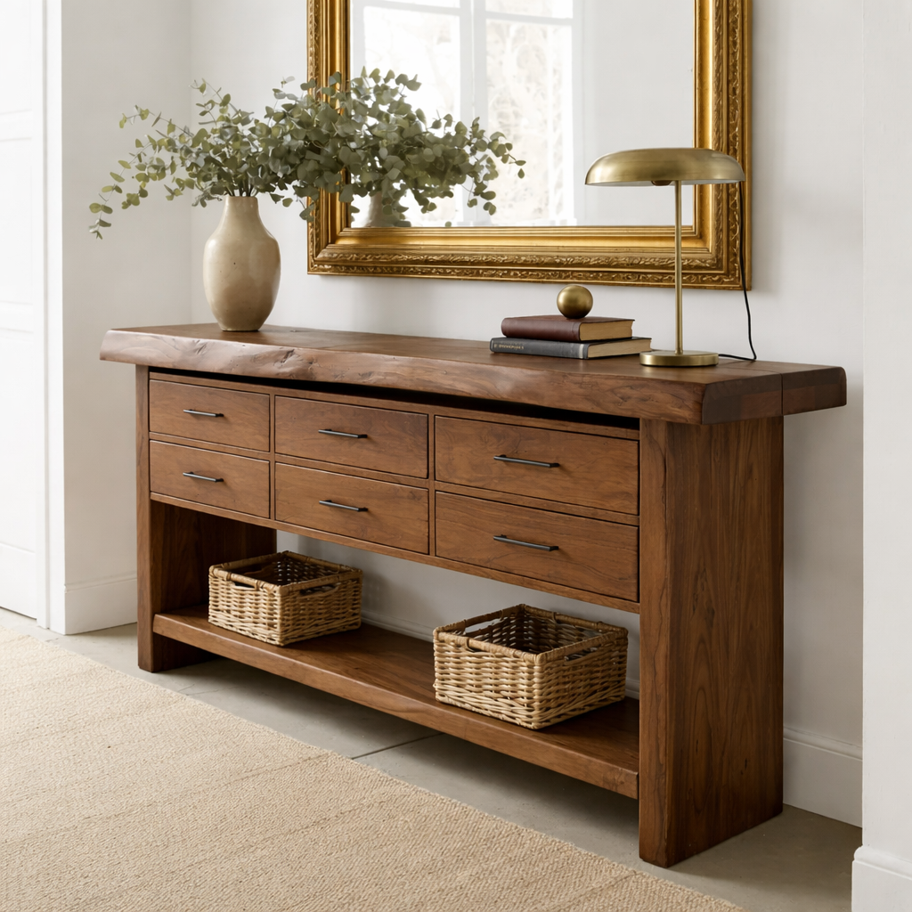 Solid Wood Console Table with Live Edge Top and 6 Drawers