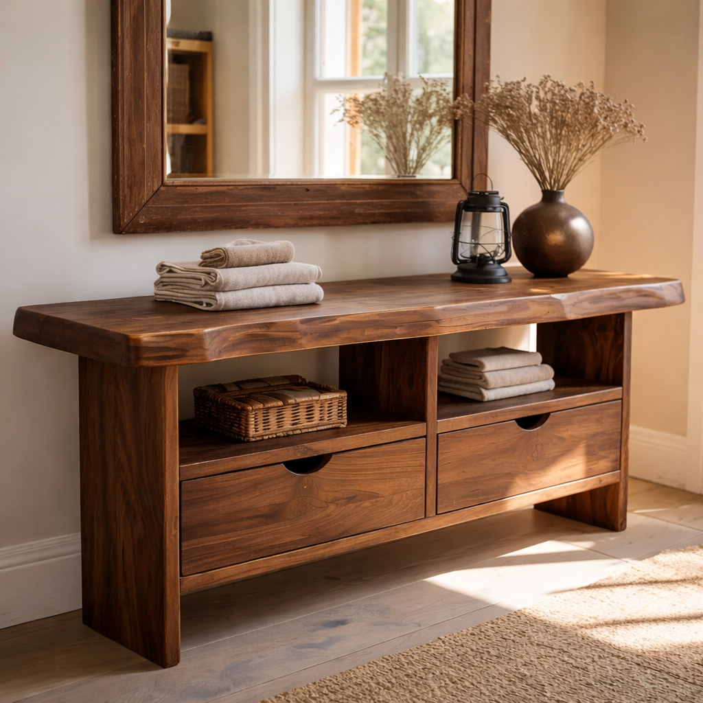 Solid Wood Console Table with Live Edge Top and Drawers for Storage