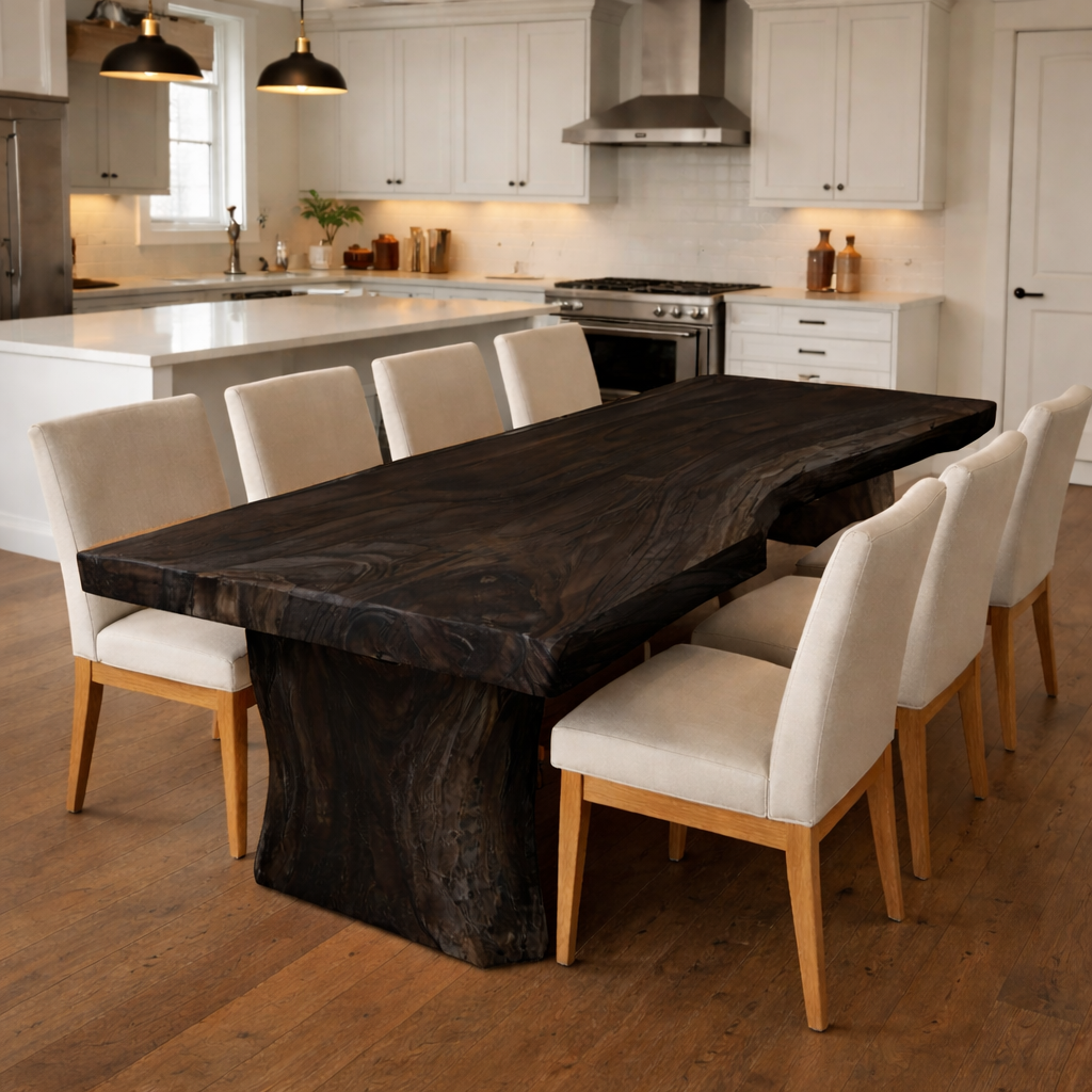 Handcrafted Solid Wood Dining Table with Live Edge Top and Sculptural Pedestal Base