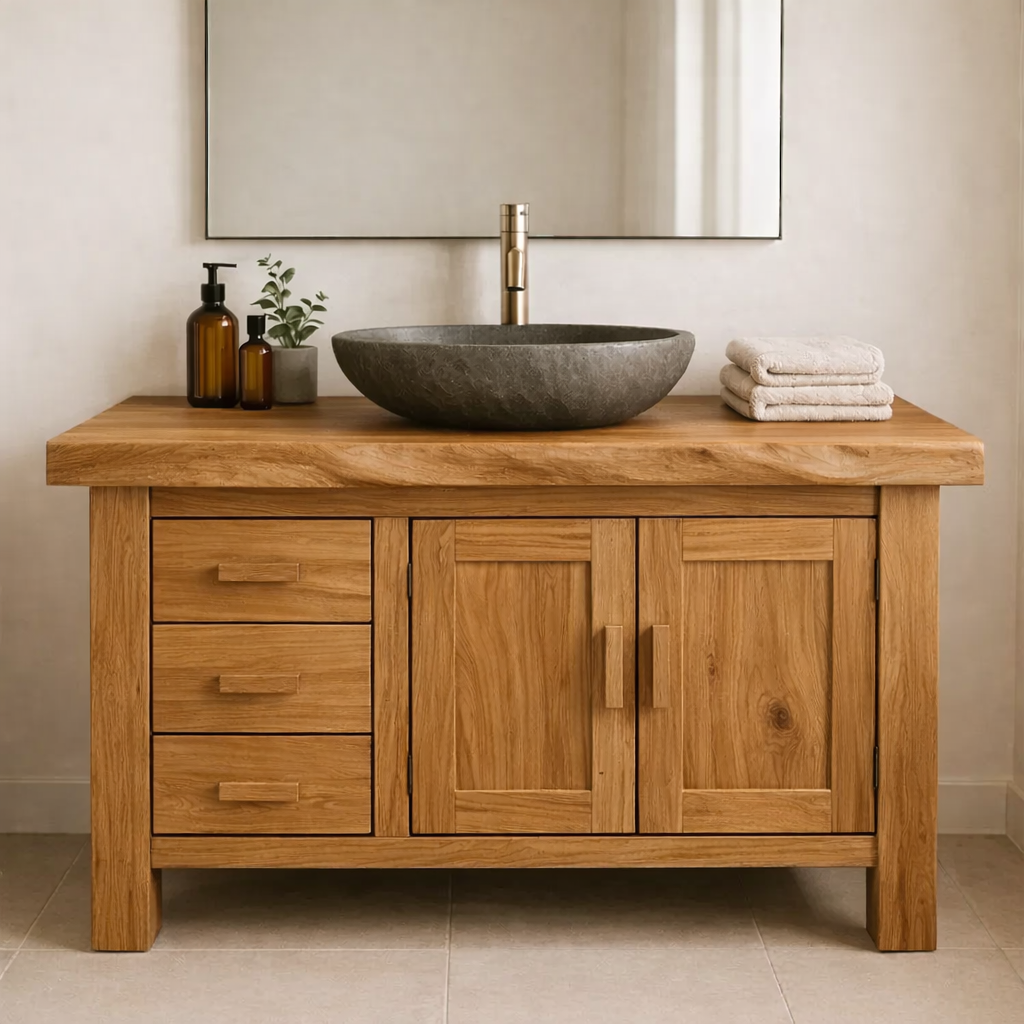 Rustic Solid Wood Bathroom Vanity Cabinet with Drawers and Double Door Storage