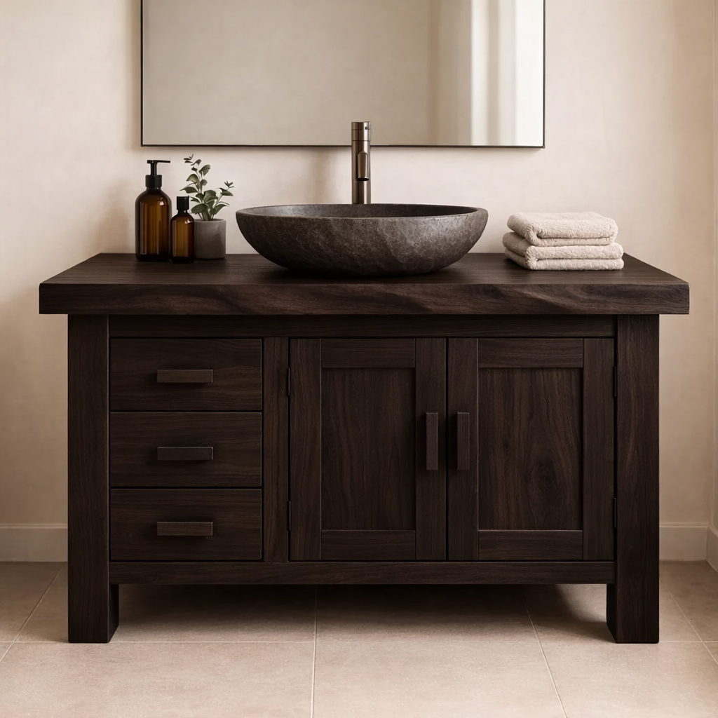 Rustic Solid Wood Bathroom Vanity Cabinet with Drawers and Double Door Storage