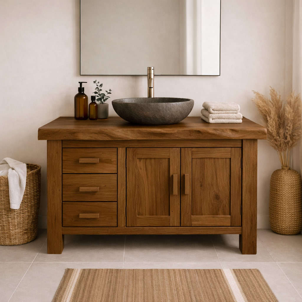 Rustic Solid Wood Bathroom Vanity Cabinet with Drawers and Double Door Storage