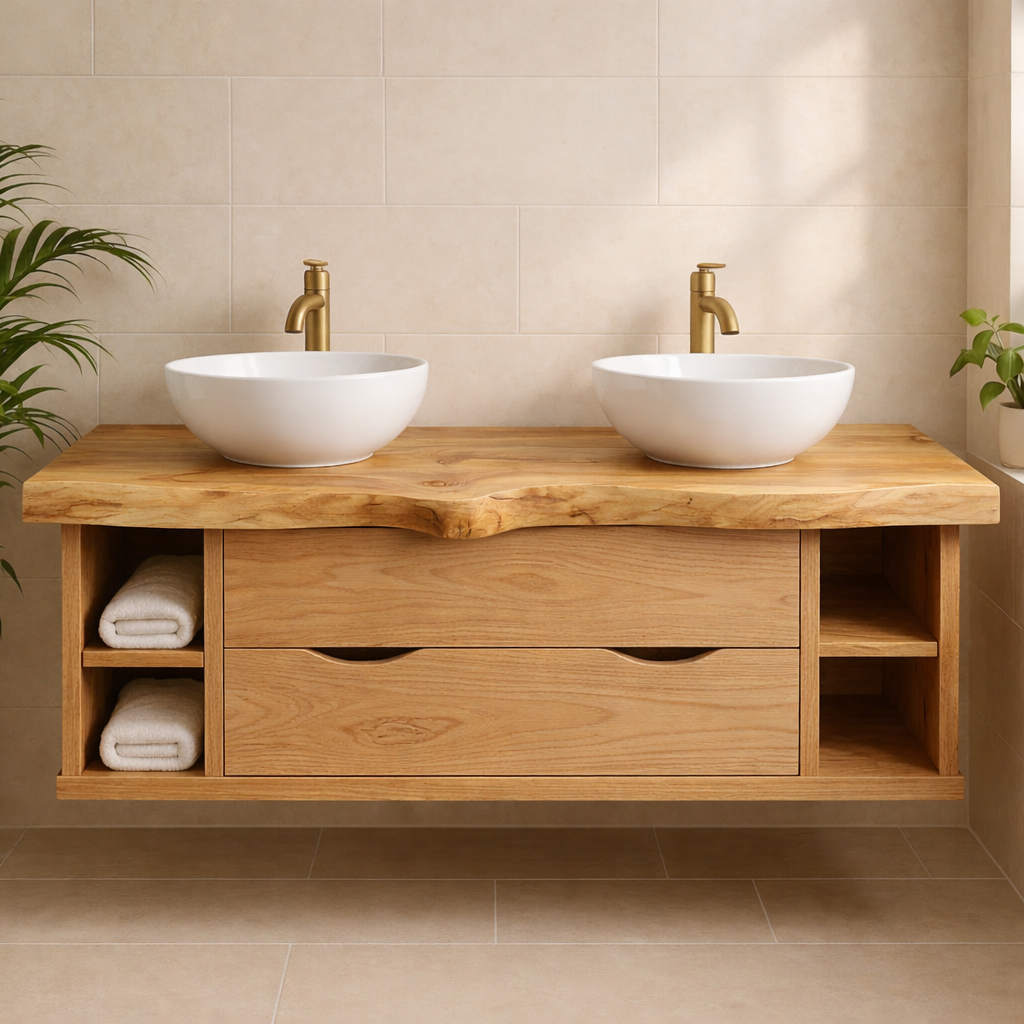 Rustic Double Sink Solid Wood Floating Bathroom Vanity with Live Edge Countertop