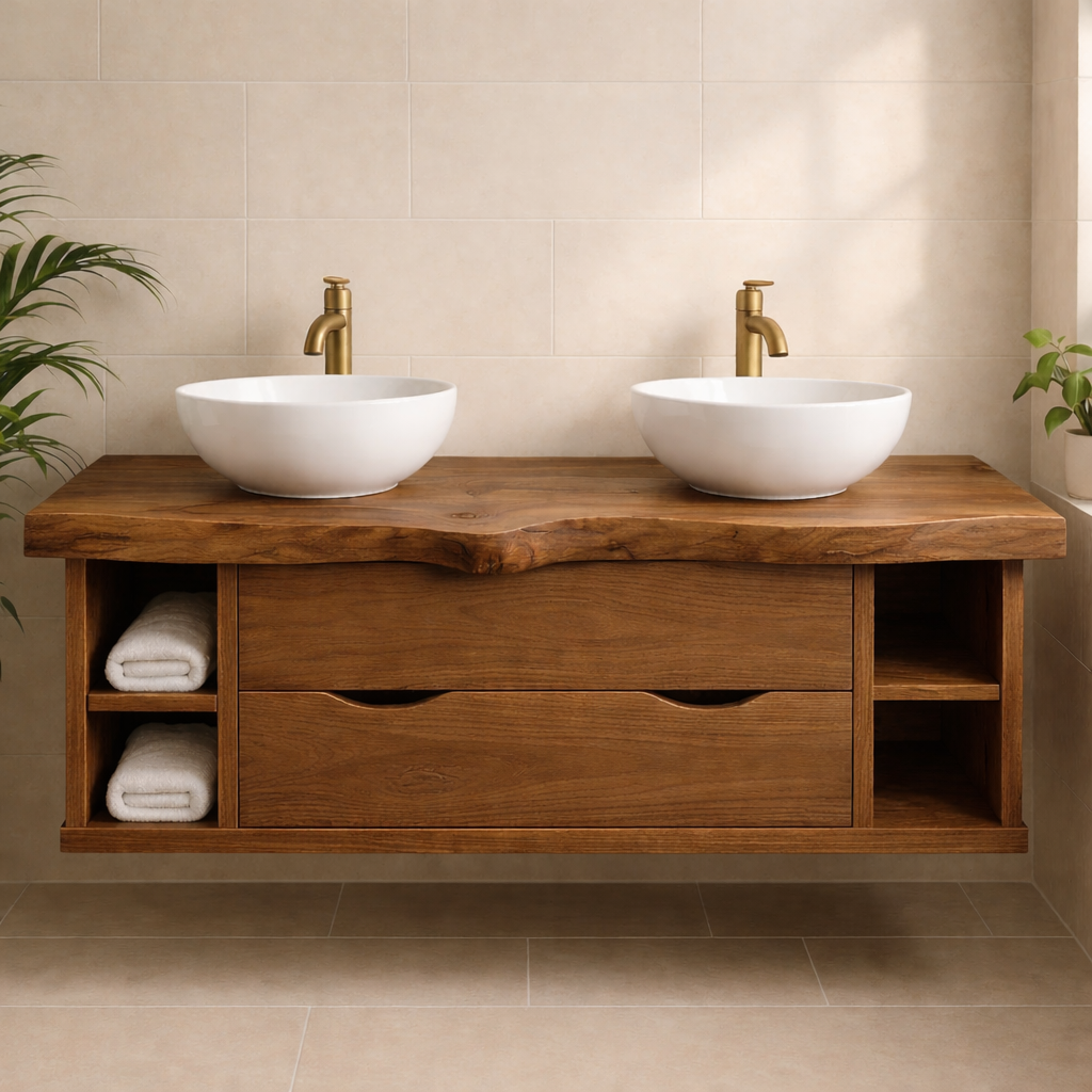 Rustic Double Sink Solid Wood Floating Bathroom Vanity with Live Edge Countertop