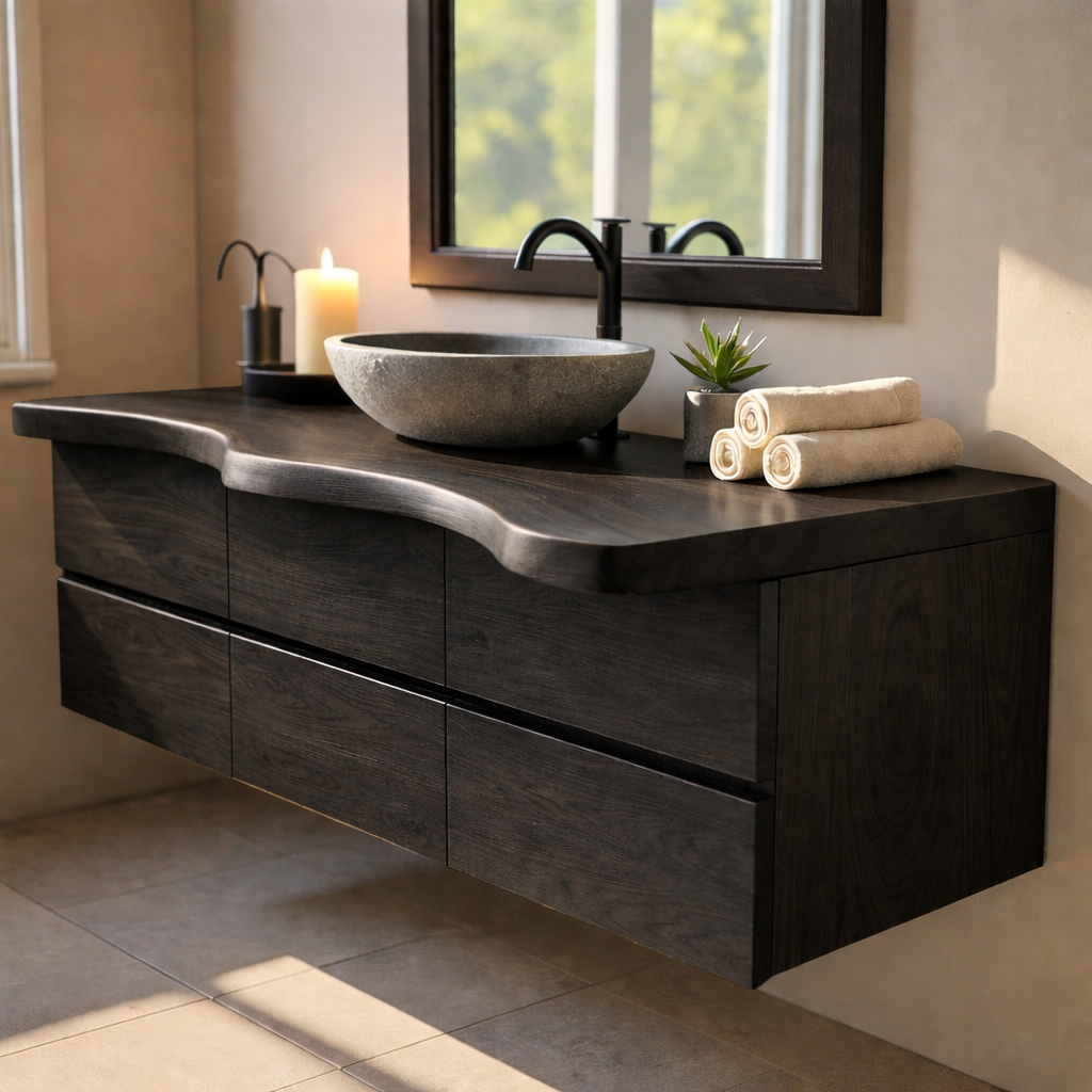 Luxury Solid Walnut Floating Bathroom Vanity with Sculpted Live Edge Countertop and Soft-Close Drawers