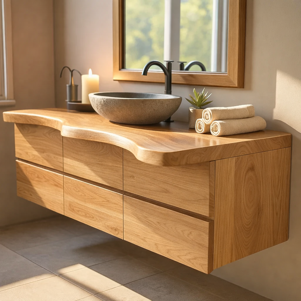 Luxury Solid Walnut Floating Bathroom Vanity with Sculpted Live Edge Countertop and Soft-Close Drawers