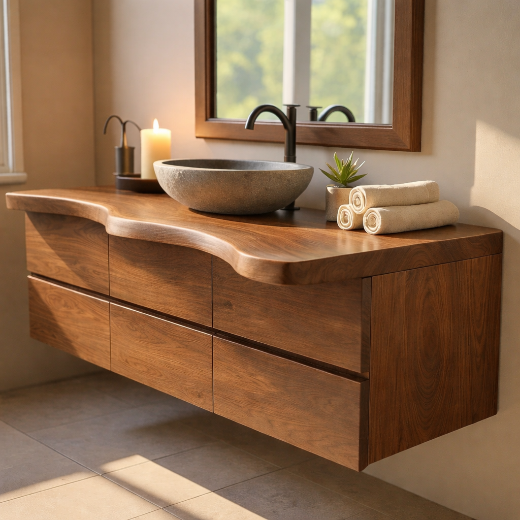 Luxury Solid Walnut Floating Bathroom Vanity with Sculpted Live Edge Countertop and Soft-Close Drawers