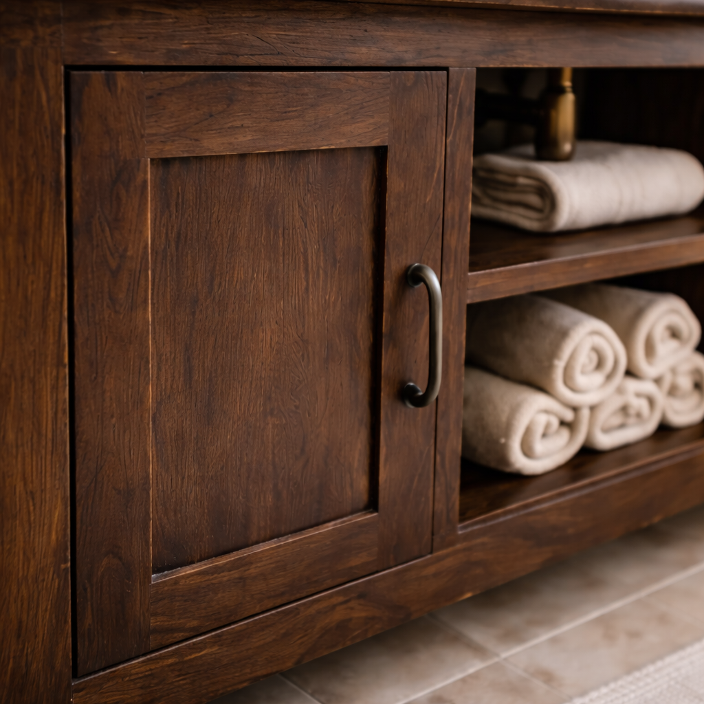 Solid Wood Bathroom Vanity with Cabinet Doors & Open Shelf Storage