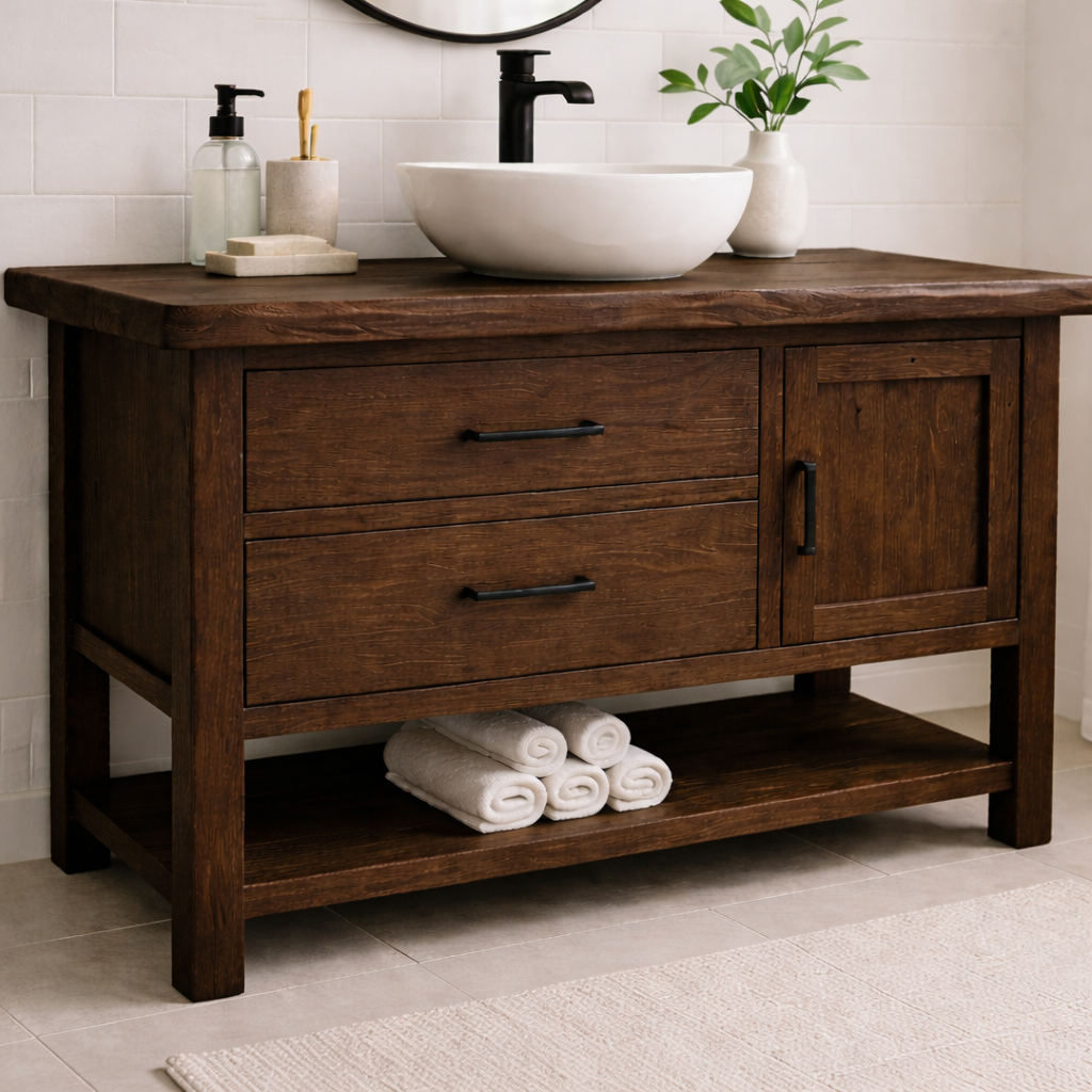 Solid Wood Bathroom Vanity with 2 Drawers, Cabinet Door & Open Shelf