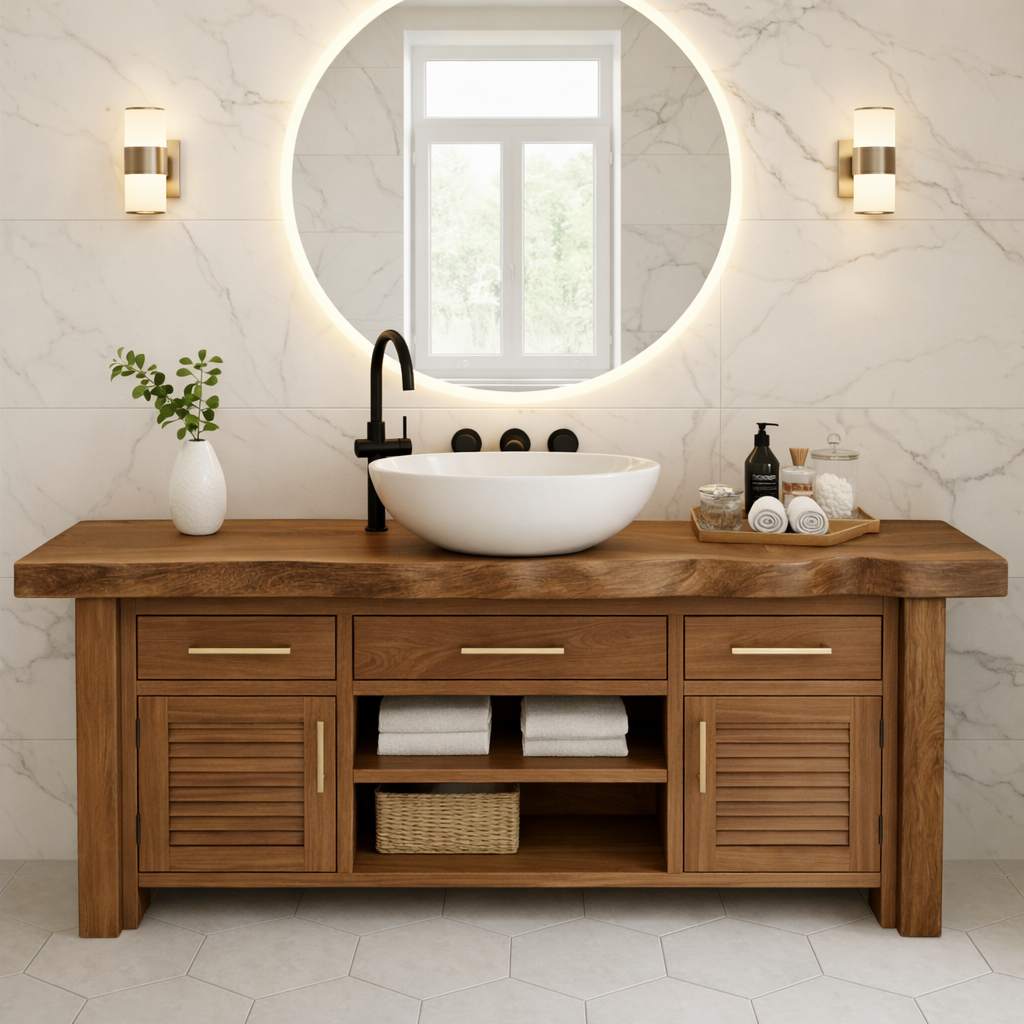 Solid Wood Bathroom Vanity for Modern Spaces with Louvered Doors and Open Shelf