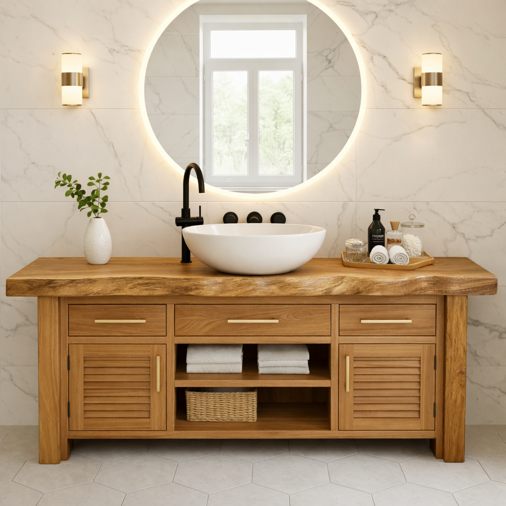 Solid Wood Bathroom Vanity for Modern Spaces with Louvered Doors and Open Shelf