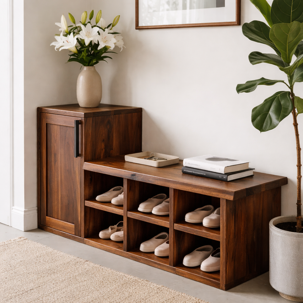 Solid Wood Shoe Storage Bench with Cabinet Door & Open Cubby Shelves – Entryway Shoe Organizer Bench