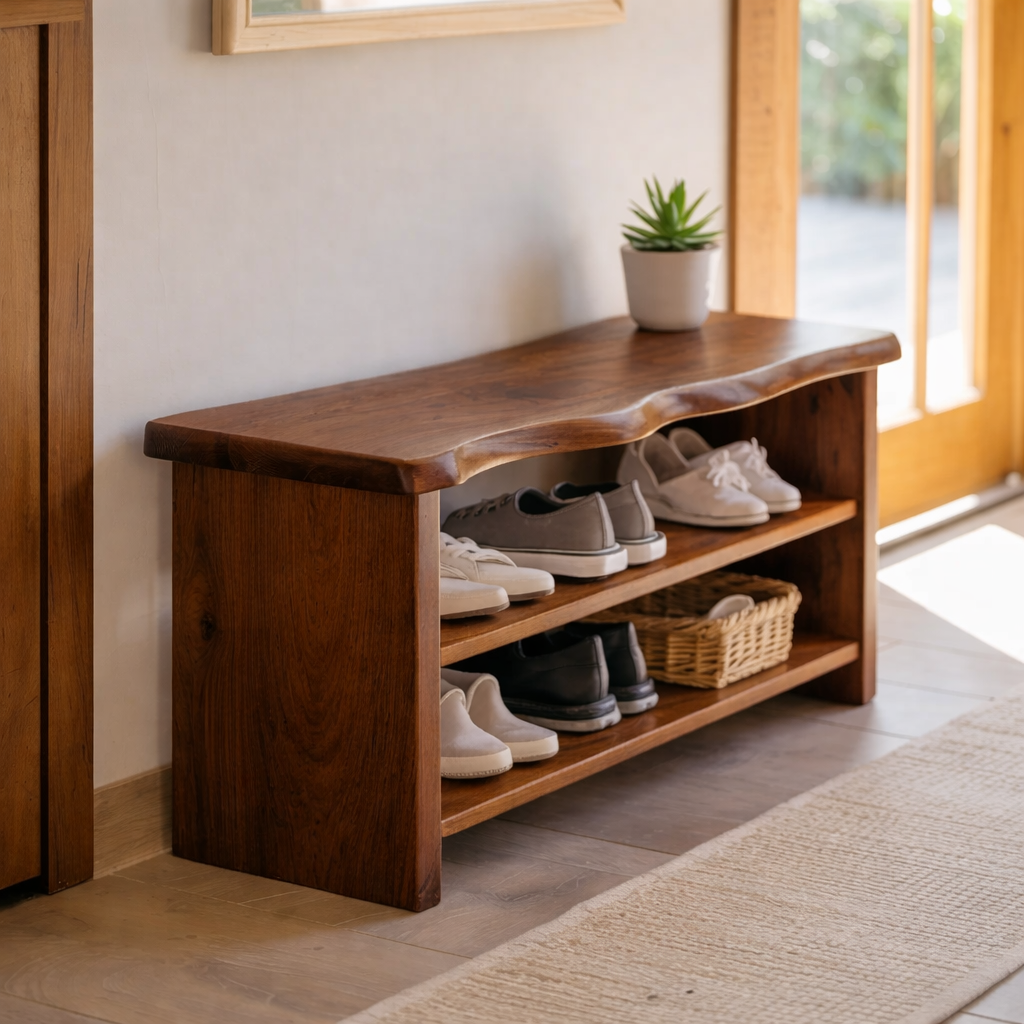Solid Wood Live Edge Shoe Storage Bench with Open Shelves – Entryway Shoe Organizer Bench